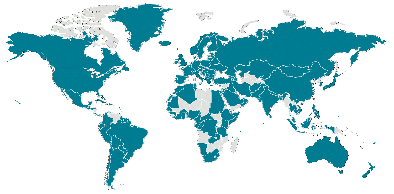 World map showing countries with COVID-19 cases